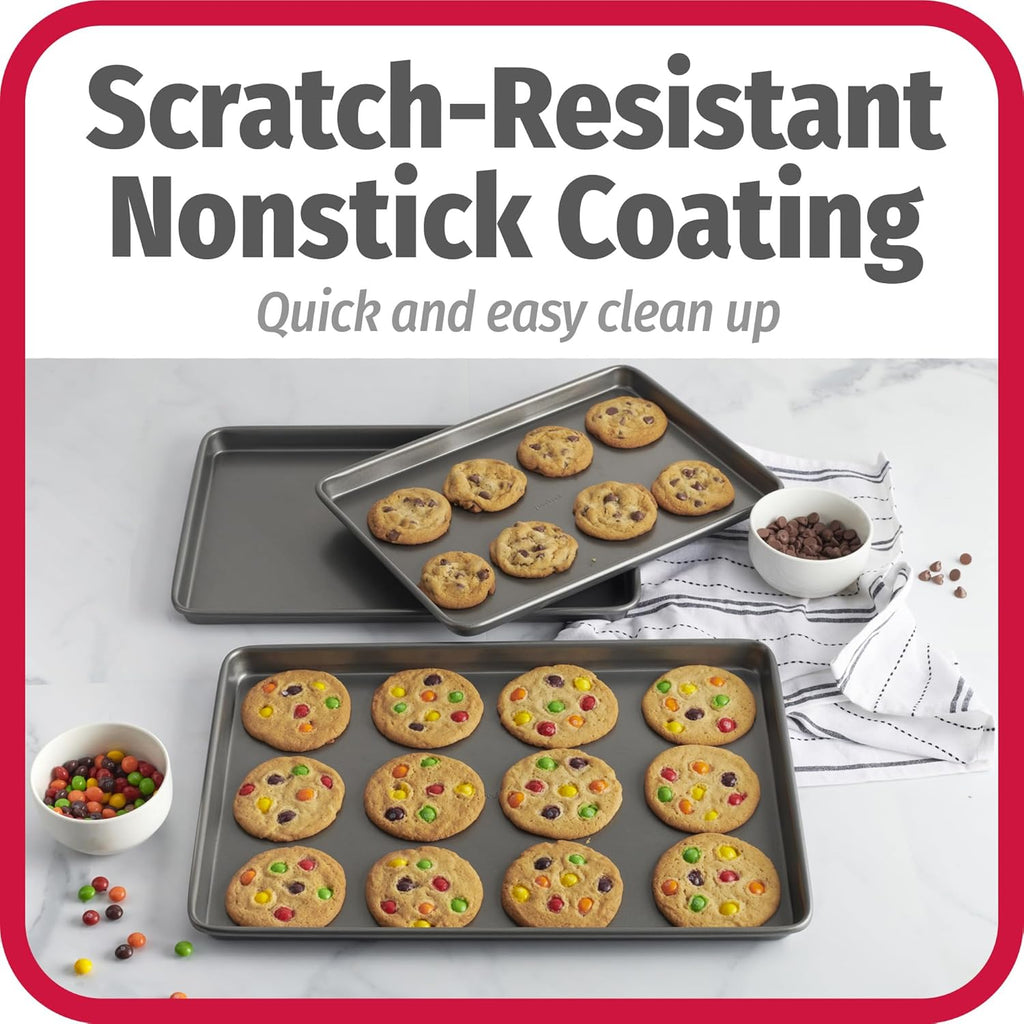 GoodCook Everyday Nonstick Baking Sheet Set, 3 Pack Includes One Small, Medium & Large Pan Carbon Steel Construction Cookie Sheet Bakeware Set, Gray