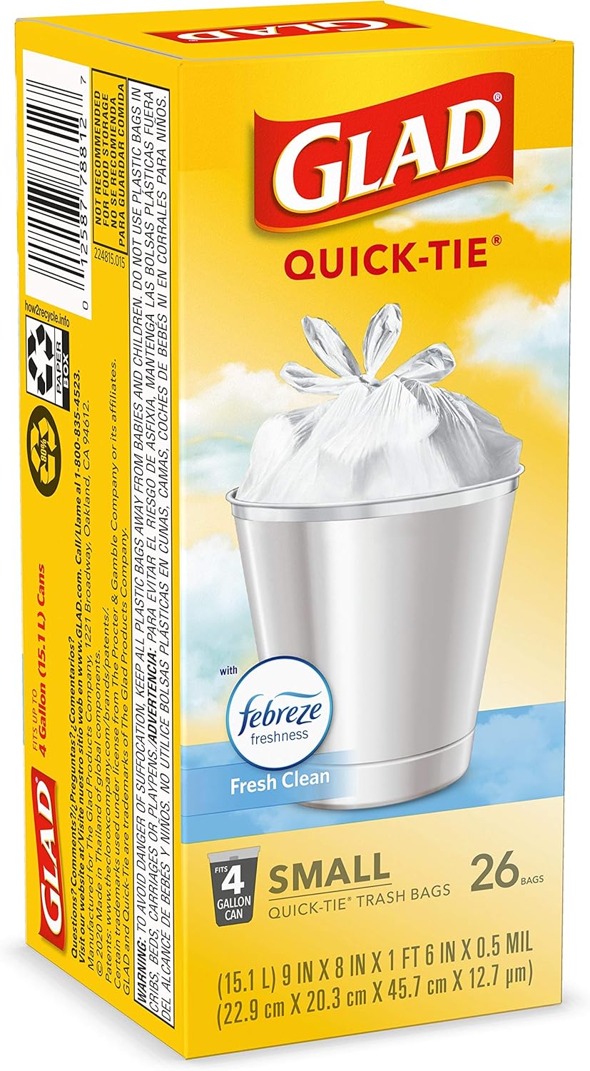Glad Small Trash Bags 4 Gallon, Febreze Fresh Clean Garbage Bags, Odor Resistant with Quick Tie, 26 Count - ShopUS