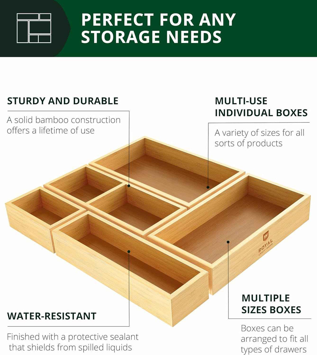 ROYAL CRAFT WOOD 5-Piece Bamboo Drawer Organizer Set, Multi-Use Storage Trays for Kitchen, Bathroom, Office, Makeup, Jewelry & More, 5 Storage Boxes