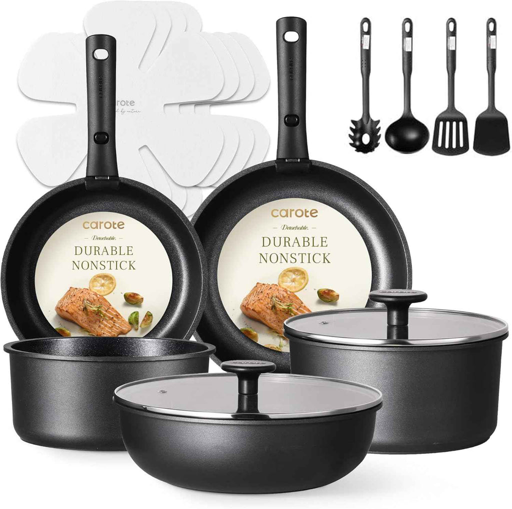 CAROTE 17pcs Pots and Pans Set, Nonstick Cookware Set Detachable Handle, Induction Kitchen Cookware Sets Non Stick with Removable Handle, RV Cookware Set, Oven Safe