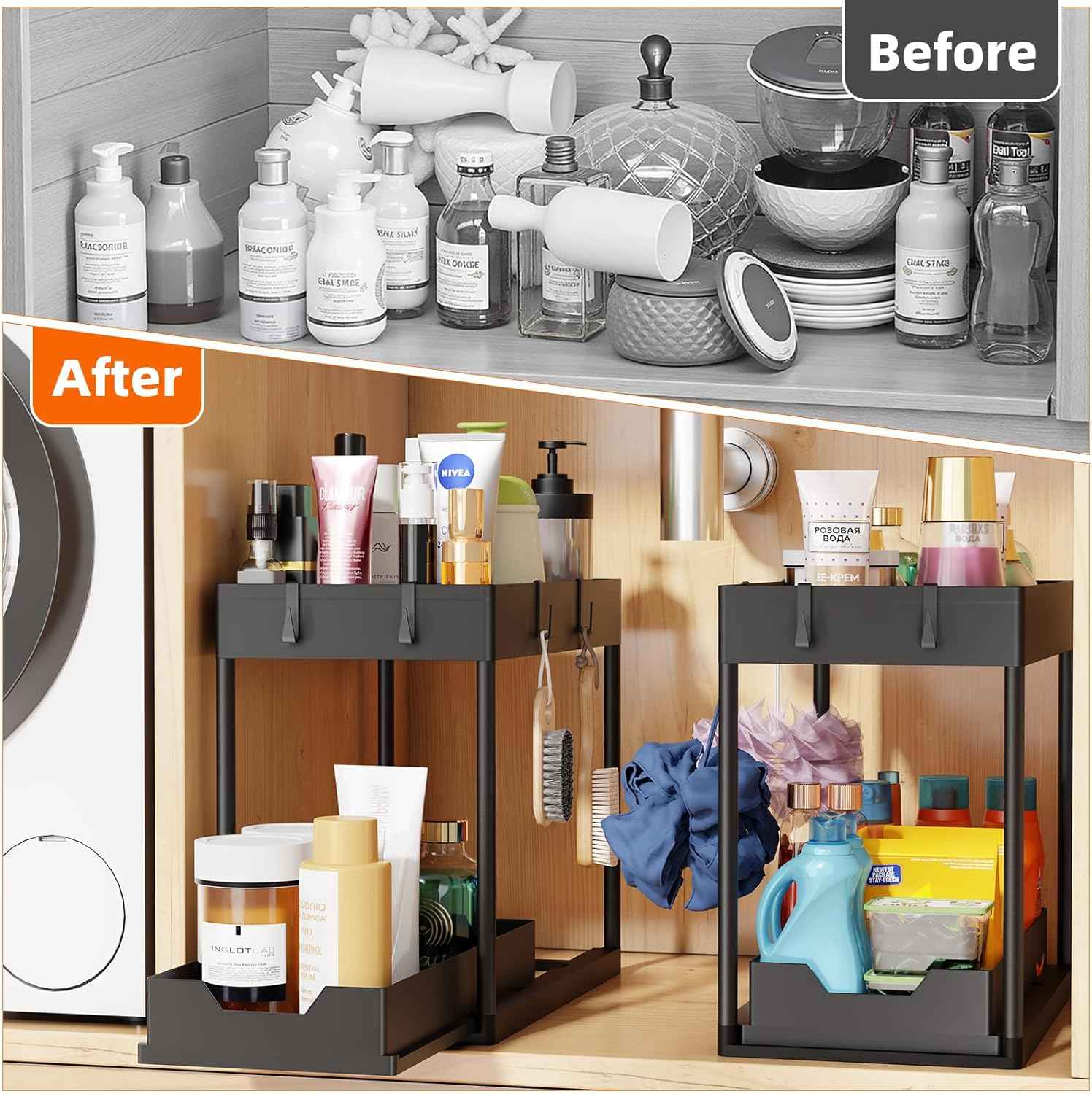 Simple Trending Under Sink Organizer 2-Pack, 2-Tier Pull-Out Sliding Storage Cabinet for Kitchen Bathroom, Black