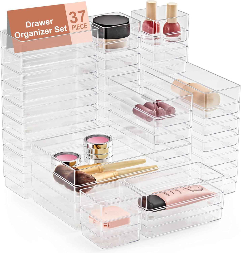 SMARTAKE 13-Piece Drawer Organizer with Non-Slip Silicone Pads, 5-Size Desk Drawer Organizer Trays Storage Tray for Makeup, Jewelries, Utensils in Bedroom Dresser, Office and Kitchen (Clear)