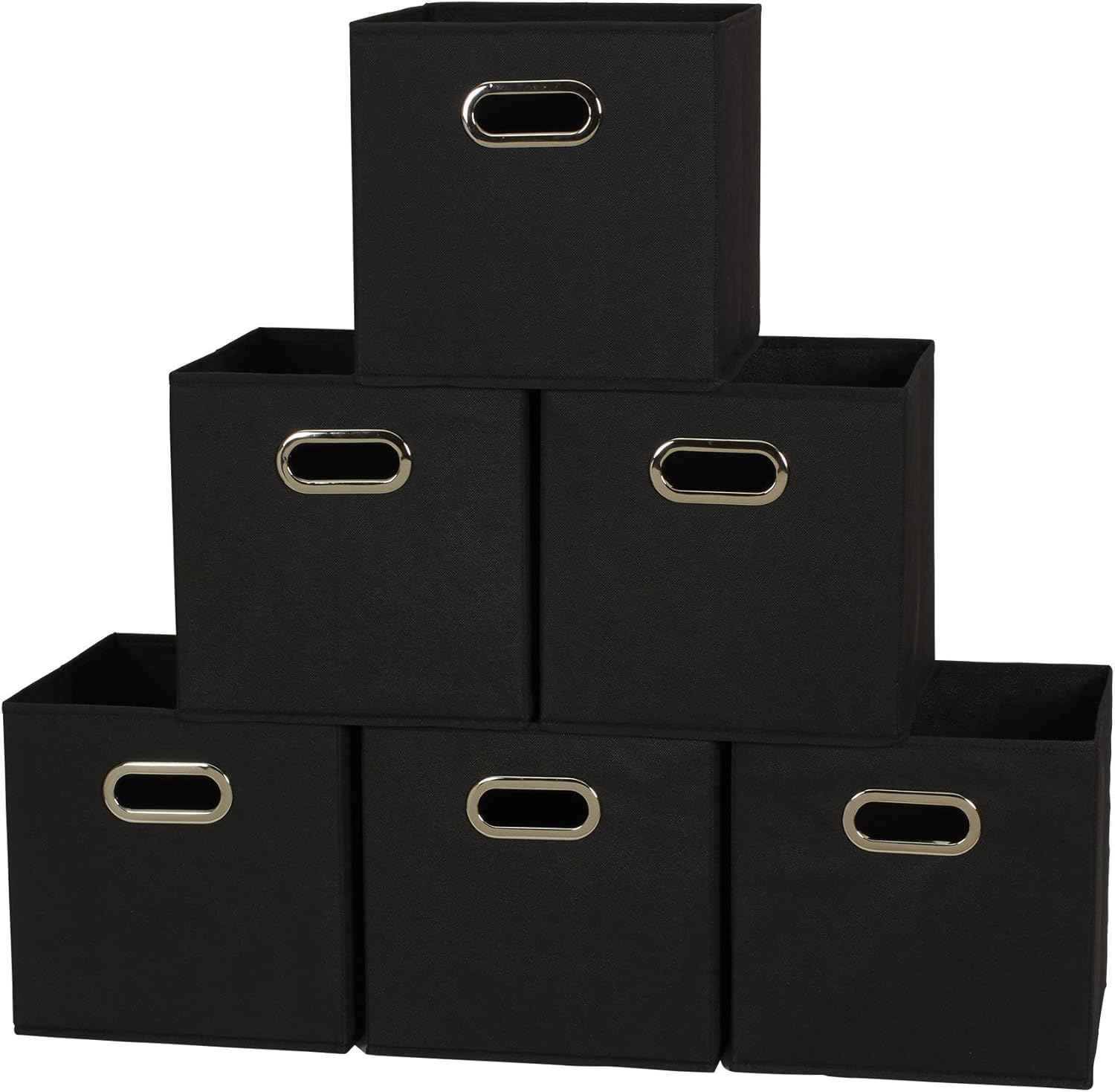 Household Essentials Foldable Fabric Storage Bins 6 Piece Set, Strong Poly-Woven Fabric, Sturdy Chipboard Sides, Grommet Front Handle, Stackable and Foldable, Classic Design, Black