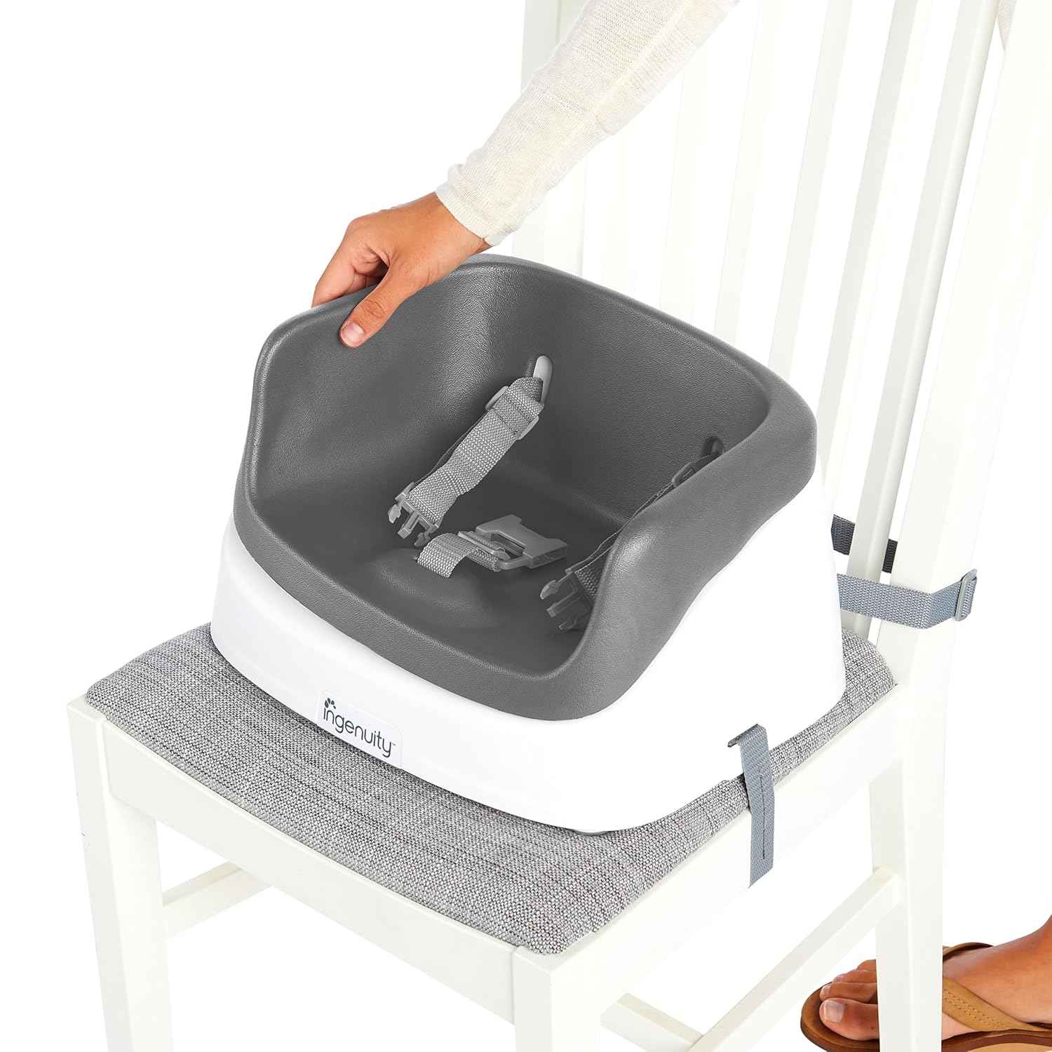 Ingenuity SmartClean Toddler Booster Seat for Kitchen Chair – Lightweight for on-the-go, Easy-Clean, 3-Point Harness Strap – Booster Seat for Dining Table, Slate