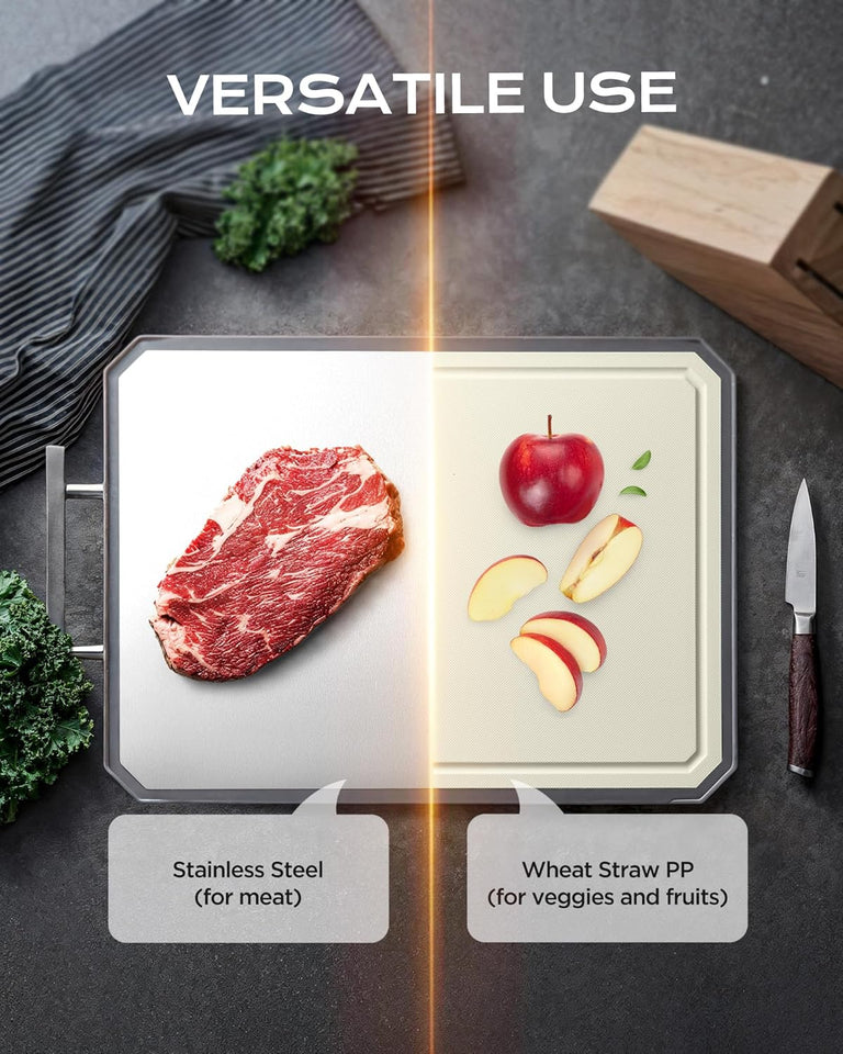 SNOWCLAD Stainless Steel Cutting Board,Double Sided Steel Bread Boards for kitchen,Stainless Steel/Wheat straw pp Large Board for meat,non toxic Chopping,16 * 11 Inch,Dishwasher Safe