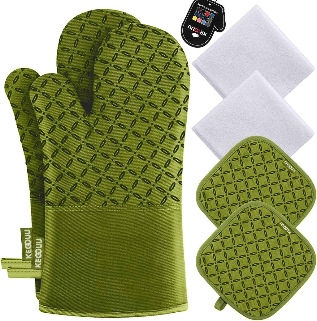 KEGOUU Oven Mitts and Pot Holders 6pcs Set, Kitchen Oven Glove High Heat Resistant 500 Degree Extra Long Oven Mitts and Potholder with Non-Slip Silicone Surface for Cooking (Grey)
