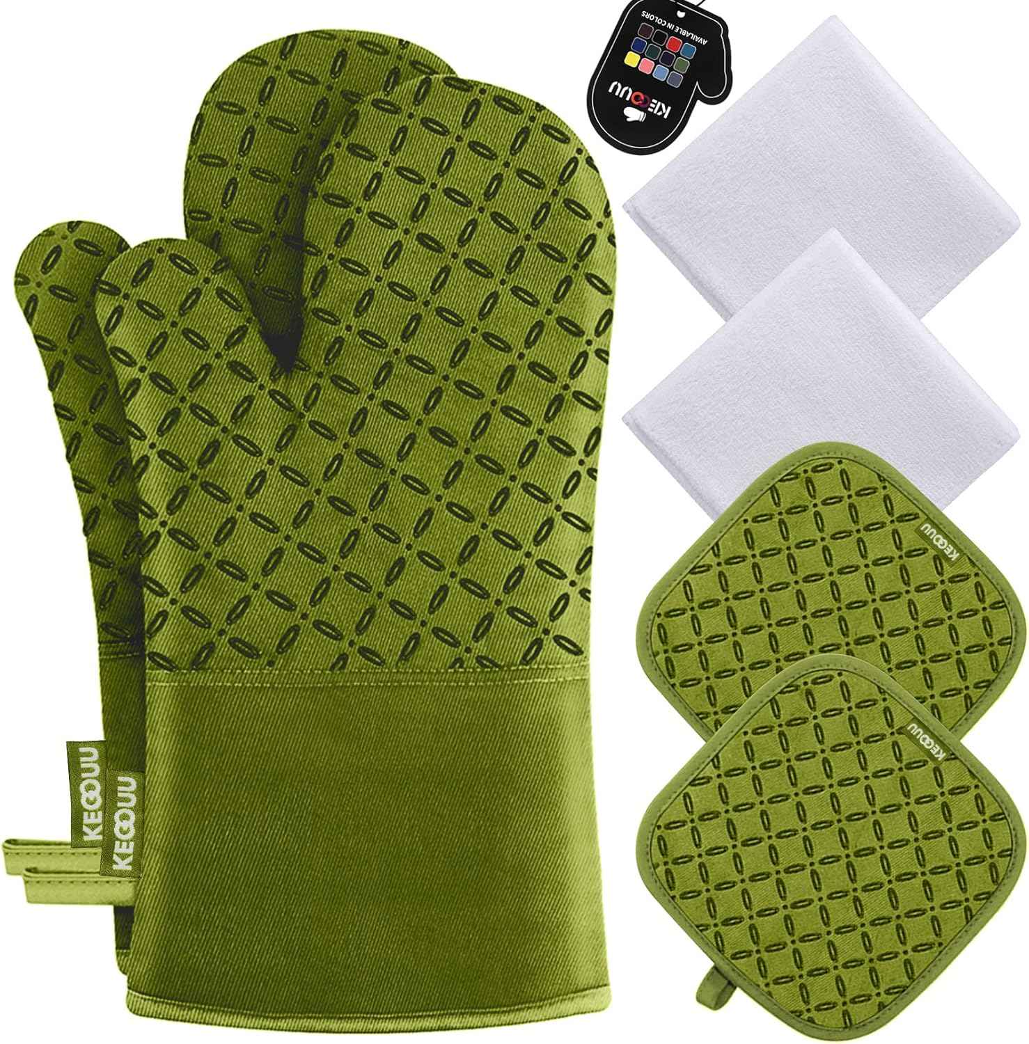 KEGOUU Oven Mitts and Pot Holders 6pcs Set, Kitchen Oven Glove High Heat Resistant 500 Degree Extra Long Oven Mitts and Potholder with Non-Slip Silicone Surface for Cooking (Grey)