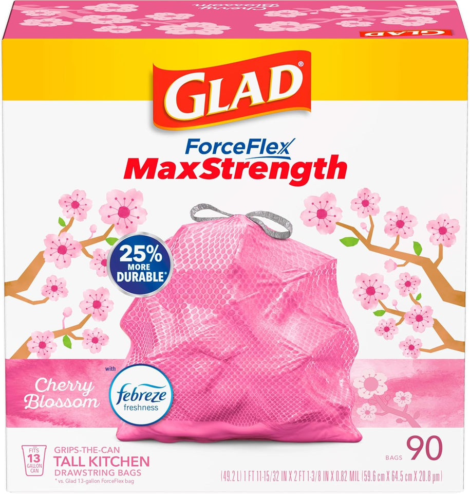Glad Tall Kitchen Trash Bags 13 Gallon, MaxStrength Cherry Blossom Garbage Bags, Drawstring, 90 Count - ShopUS