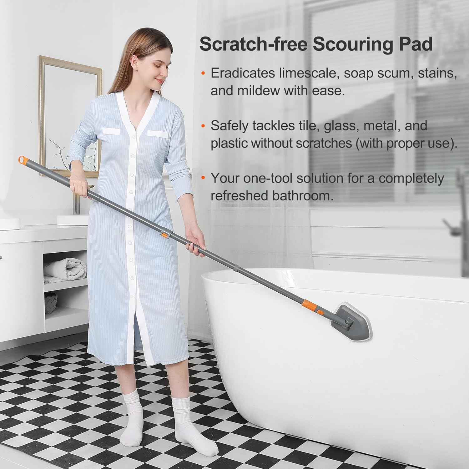Tile Tub Scrubber Brush with 3 Different Function Cleaning Heads and 56" Extendable Long Handle-No Scratch Shower Scrubber for Cleaning Bathroom Kitchen Toilet Wall,Bathtub,Sink,Grey