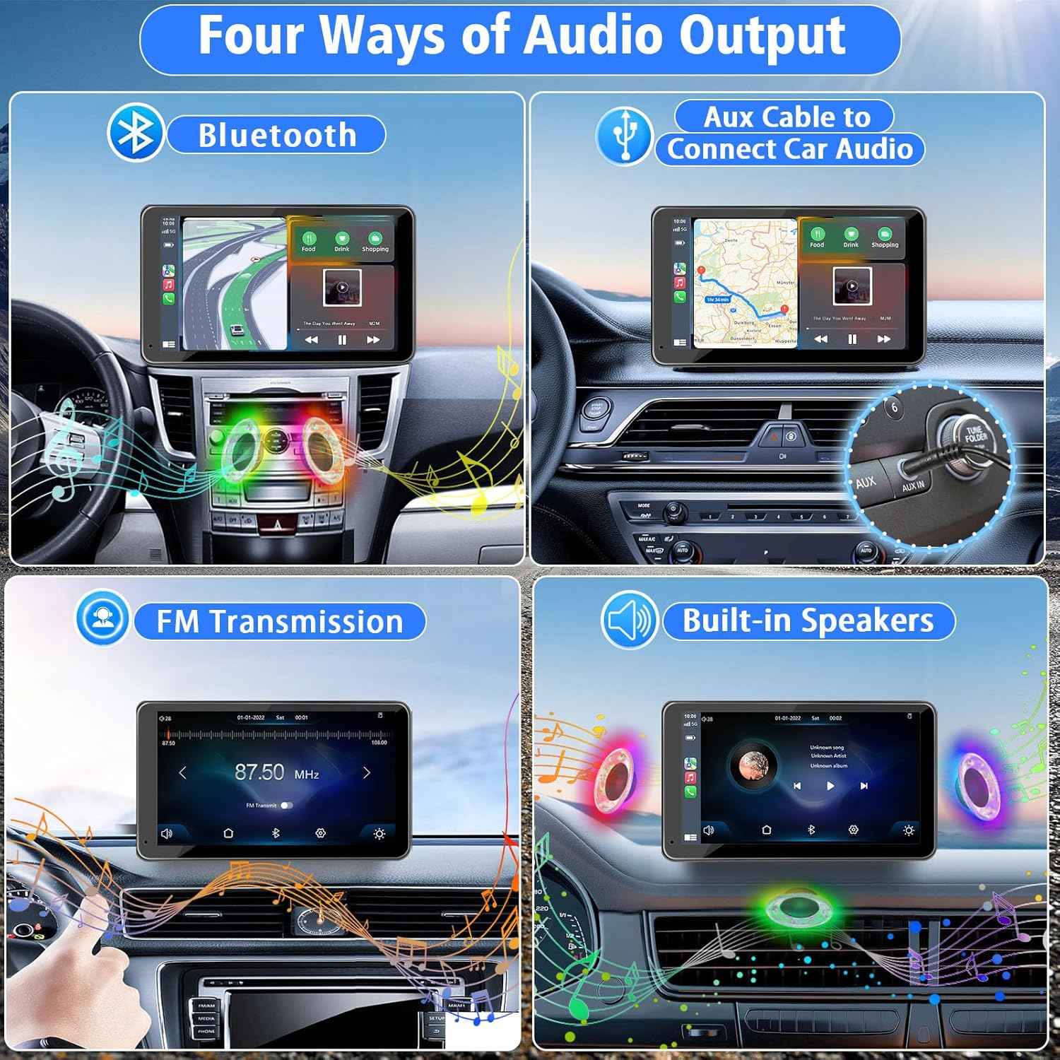 7" portable wireless car stereo with Apple CarPlay, Android Auto, and backup camera for all vehicles