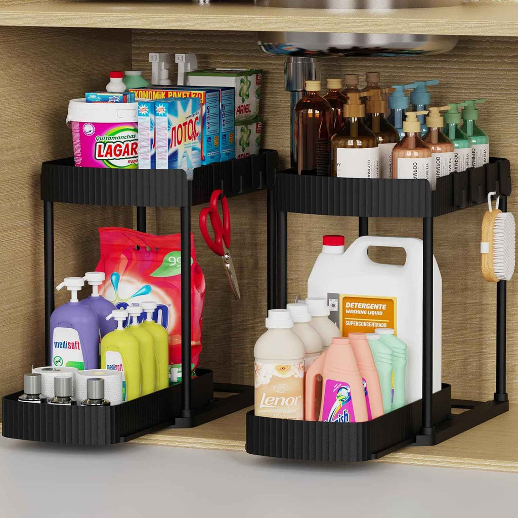 Versatile Under-Sink Organizers: 12.8" Black Pullout Storage for Bathroom & Kitchen, 2-Pack