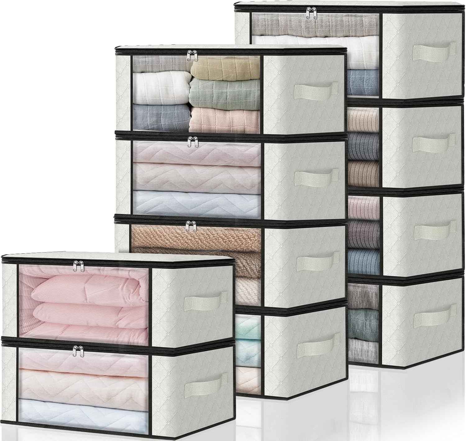 HomeHacks Storage 3-Pack Clothes Organizer Storage Bags Foldable Storage Box with Large Clear Window Sturdy Handles for Closet, Dorm, Pillows, Bedding, Clothes, Blankets, 35L, Gray