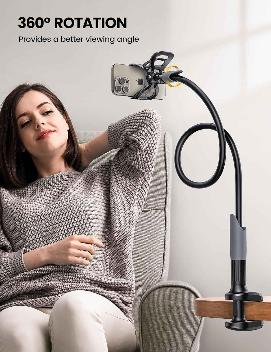 Lamicall phone mount, flexible long arm for bedside, desk, and headboard, fits 4-7" phones, iPhone 14 to 17 Pro Max