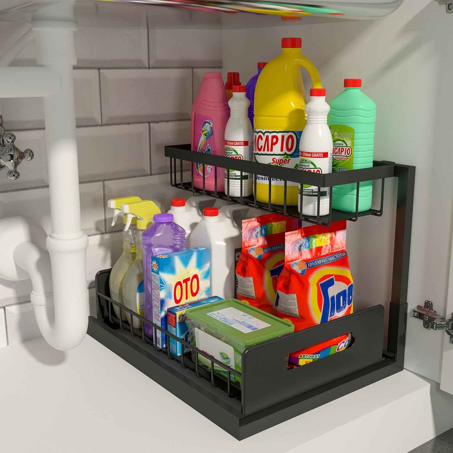 REALINN Black 2-Tier Under Sink Organizer with Pull-Out Cabinet Storage and Slide-Out Shelf, Pack of 1
