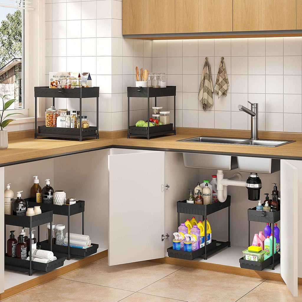 4 Pack Under Sink Organizer, Bathroom Organizers and Storage, 2 Tier Multi-Use Pull Out Cabinet Organizer with Hang Hooks and Cups (Black, 4 Pack)