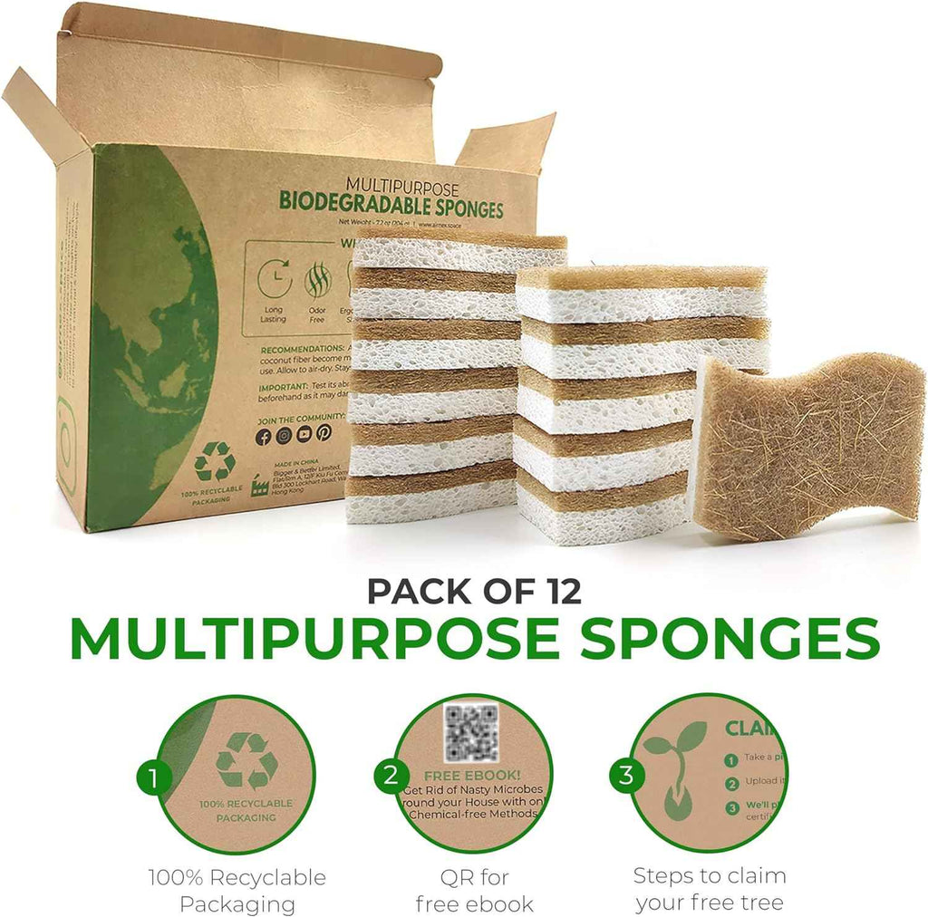Natural Biodegradable Kitchen Sponge, 12 Pack, Compostable Cellulose and Coconut Walnut Scrubber