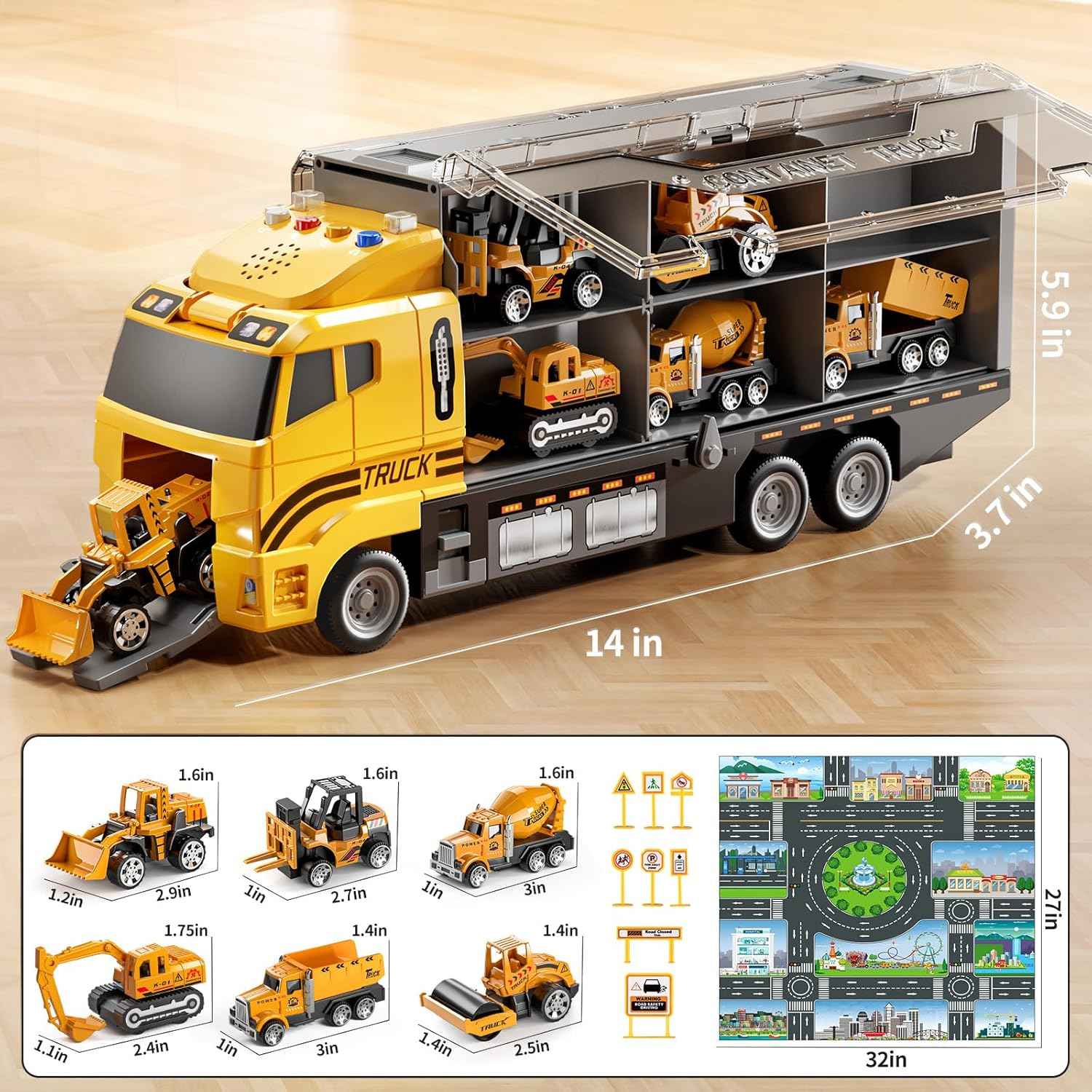 Niplooow toddler boys construction truck vehicle toy set with play mat and die-cast toy car for kids 3-5