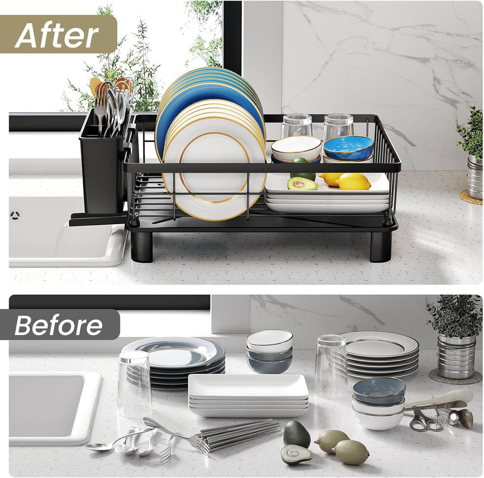 SNTD Dish Drying Rack - Space-Saving Dish Rack for Kitchen Counter, Stainless Steel Dish Drainer with Utensil Holder and Drainboard, 11" W x 15" L (Black)