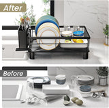 SNTD Dish Drying Rack - Space-Saving Dish Rack for Kitchen Counter, Stainless Steel Dish Drainer with Utensil Holder and Drainboard, 11" W x 15" L (Black)