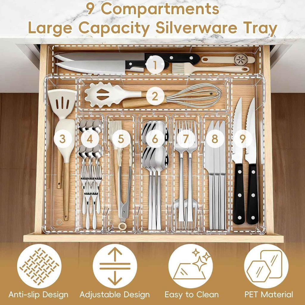 Silverware Organizer, Clear Utensil Drawer Tray with Adjustable Compartments for Spoons, Forks, Knives