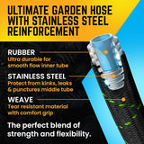 PowerFlow Garden Hose, NON-EXPANDABLE 25 Feet Premium Quality Stainless Steel Metal Water Hose with Durable Fabric Skin, Hose For Commercial, Residential Use, Bonus 10-way Spray Nozzle (25 Ft, Black)