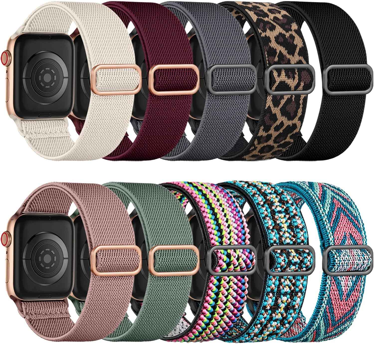 Maledan 10 Pack Soft Nylon Elastic Braided Watch Straps for Apple Watch Men Women 38-49mm