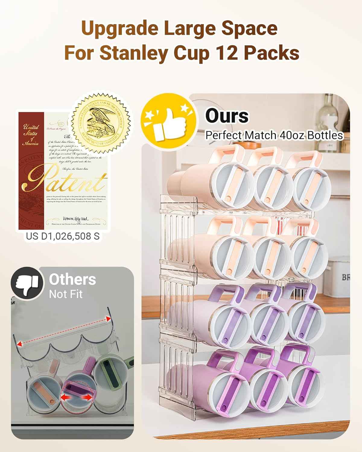 Stanley Cup 40 oz Tumbler Organizer - Stackable Storage Holder for Large Water Bottles, 4-Pack