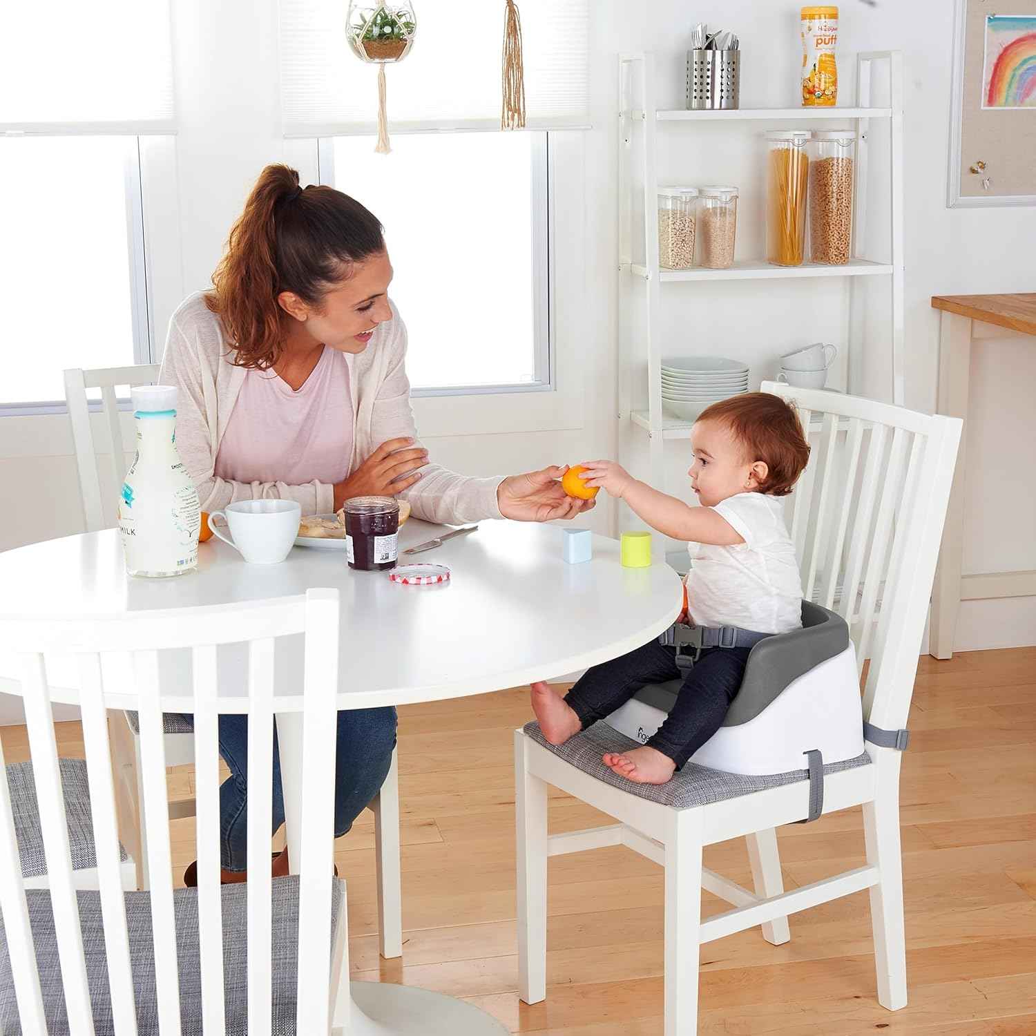 Ingenuity SmartClean Toddler Booster Seat for Kitchen Chair – Lightweight for on-the-go, Easy-Clean, 3-Point Harness Strap – Booster Seat for Dining Table, Slate