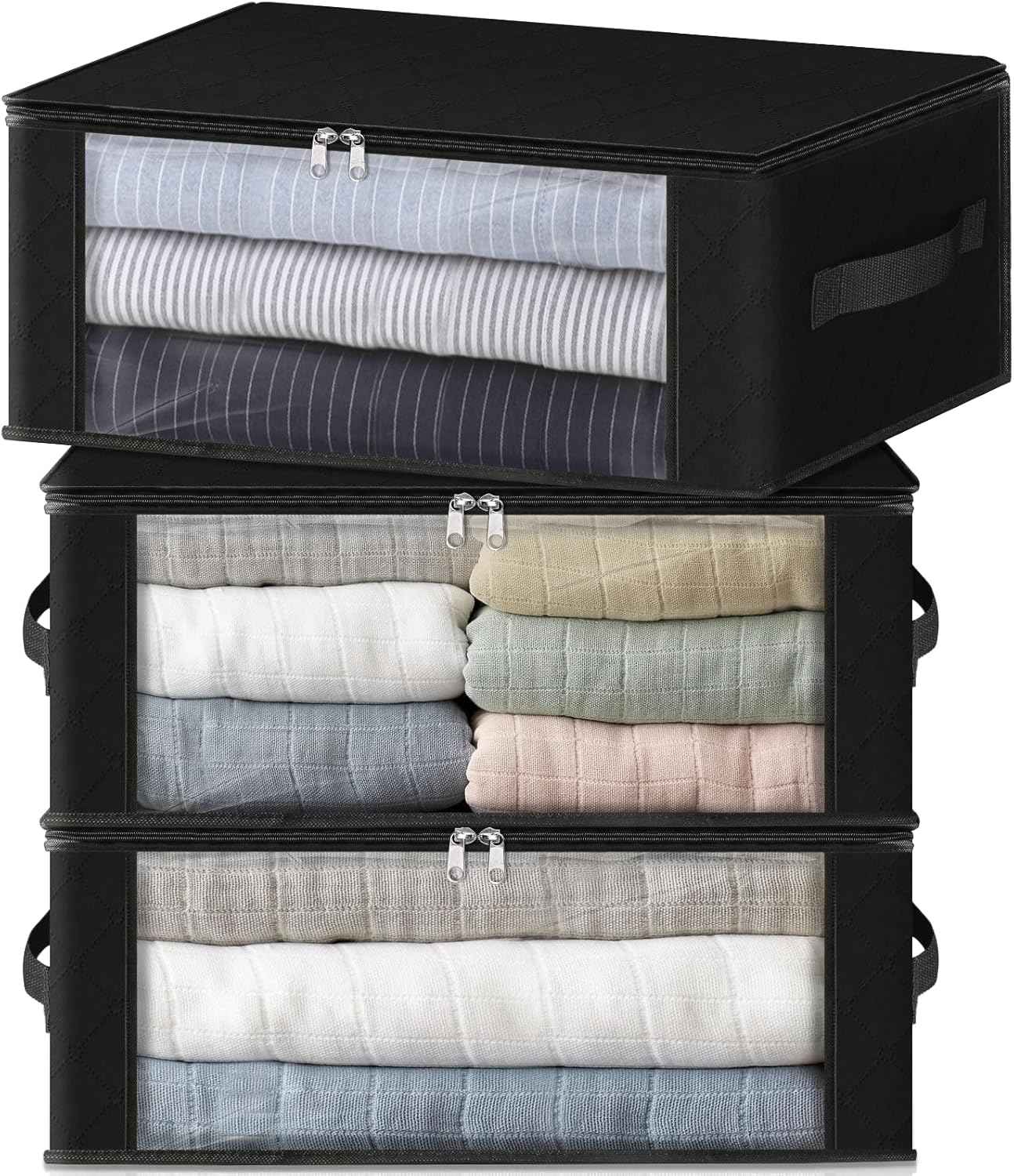 HomeHacks Storage 3-Pack Clothes Organizer Storage Bags Foldable Storage Box with Large Clear Window Sturdy Handles for Closet, Dorm, Pillows, Bedding, Clothes, Blankets, 35L, Gray