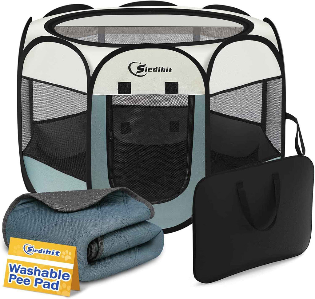 Dog Cat Playpen, Puppy Pet Playpen Indoor for Small Dogs Tent Crates Cage Outdoor, Portable Pop Up Dog Kennel Playpen with Carrying Case for Dogs/Cats/Rabbits, Removable Zipper Top, Grey