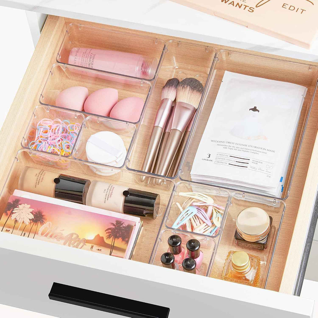 Vtopmart 44 PCS Clear Plastic Drawer Organizers Set, 4-Size Versatile Bathroom and Vanity Organizer Trays, Non-Slip Storage Containers for Makeup, Jewelries, Bedroom，Kitchen Utensils and Office