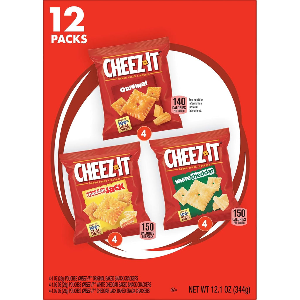 cheez-it variety pack, 12.1oz box, 12 packs, original, white cheddar, cheddar jack flavors