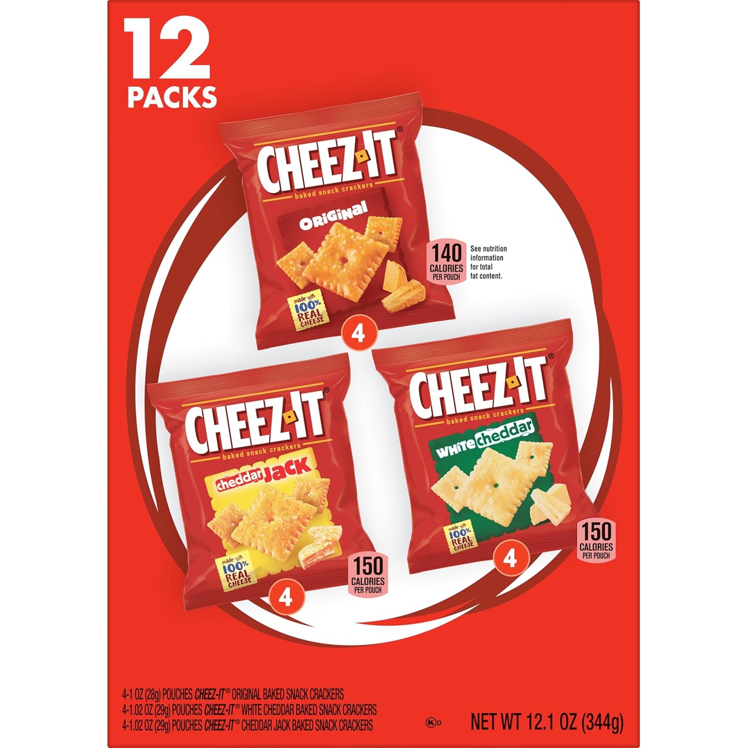 cheez-it variety pack, 12.1oz box, 12 packs, original, white cheddar, cheddar jack flavors