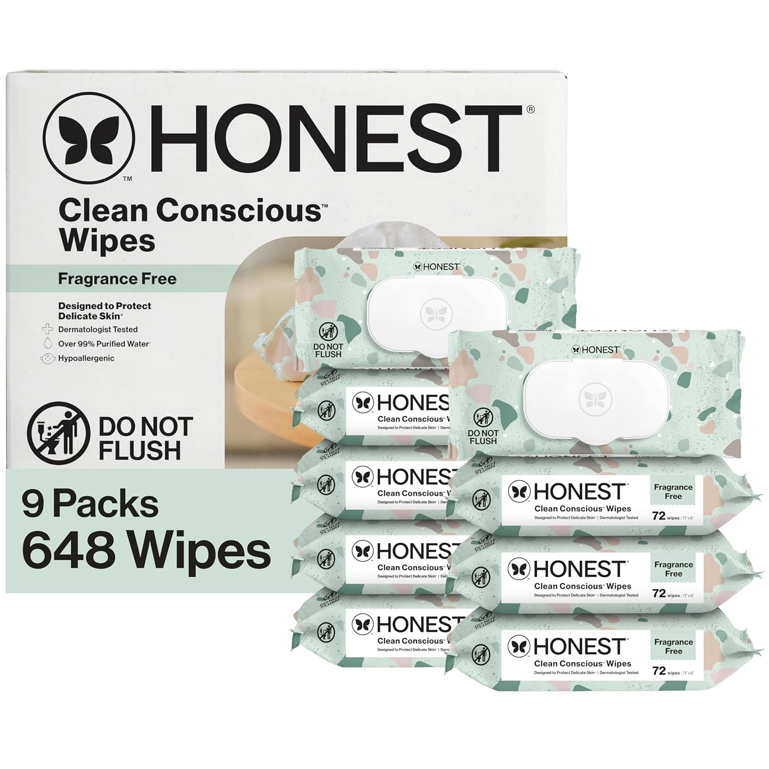 Honest Company Hypoallergenic Baby Wipes for Sensitive Skin, Fragrance-Free, 576 Count (6 Packs of 96)