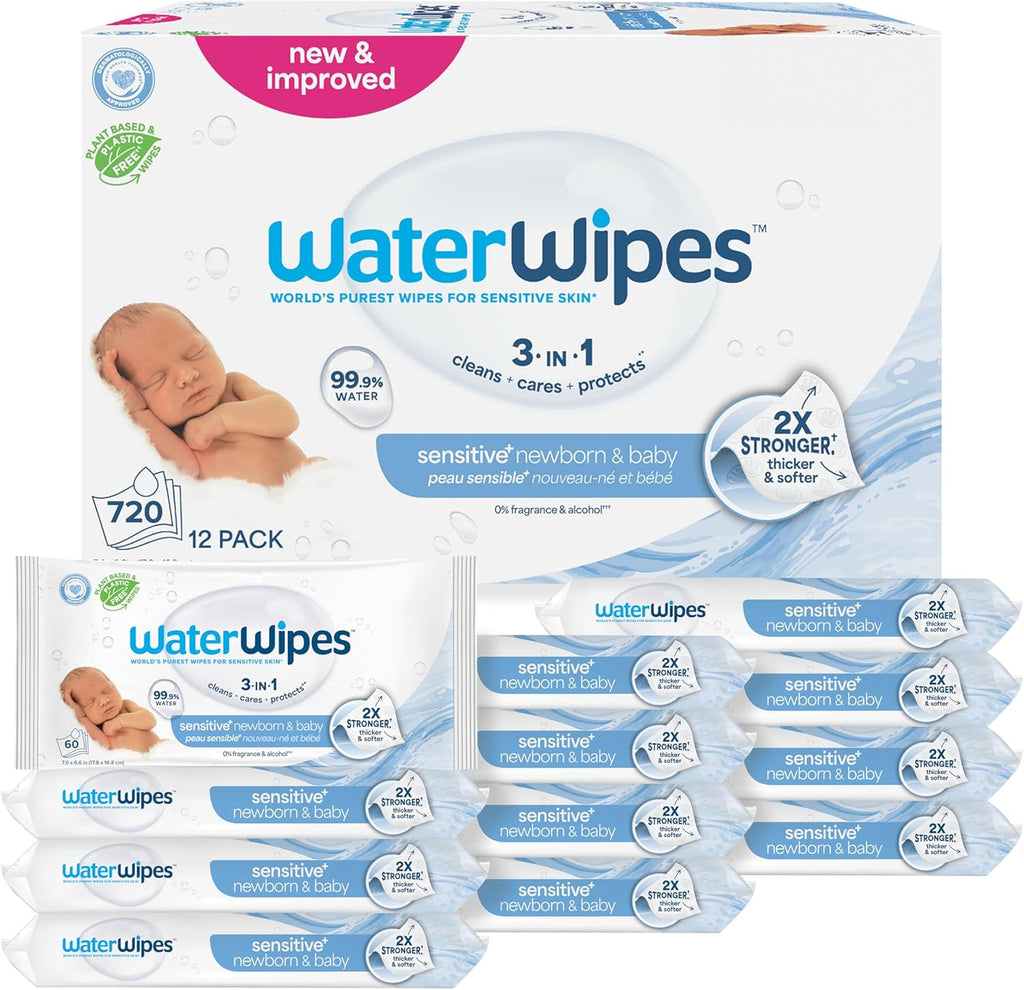 WaterWipes Sensitive+ Newborn & Baby Wipes, 3-in-1 cleans, cares, protects, 99.9% water, unscented & hypoallergenic, 60 count, 2x stronger, thicker & softer