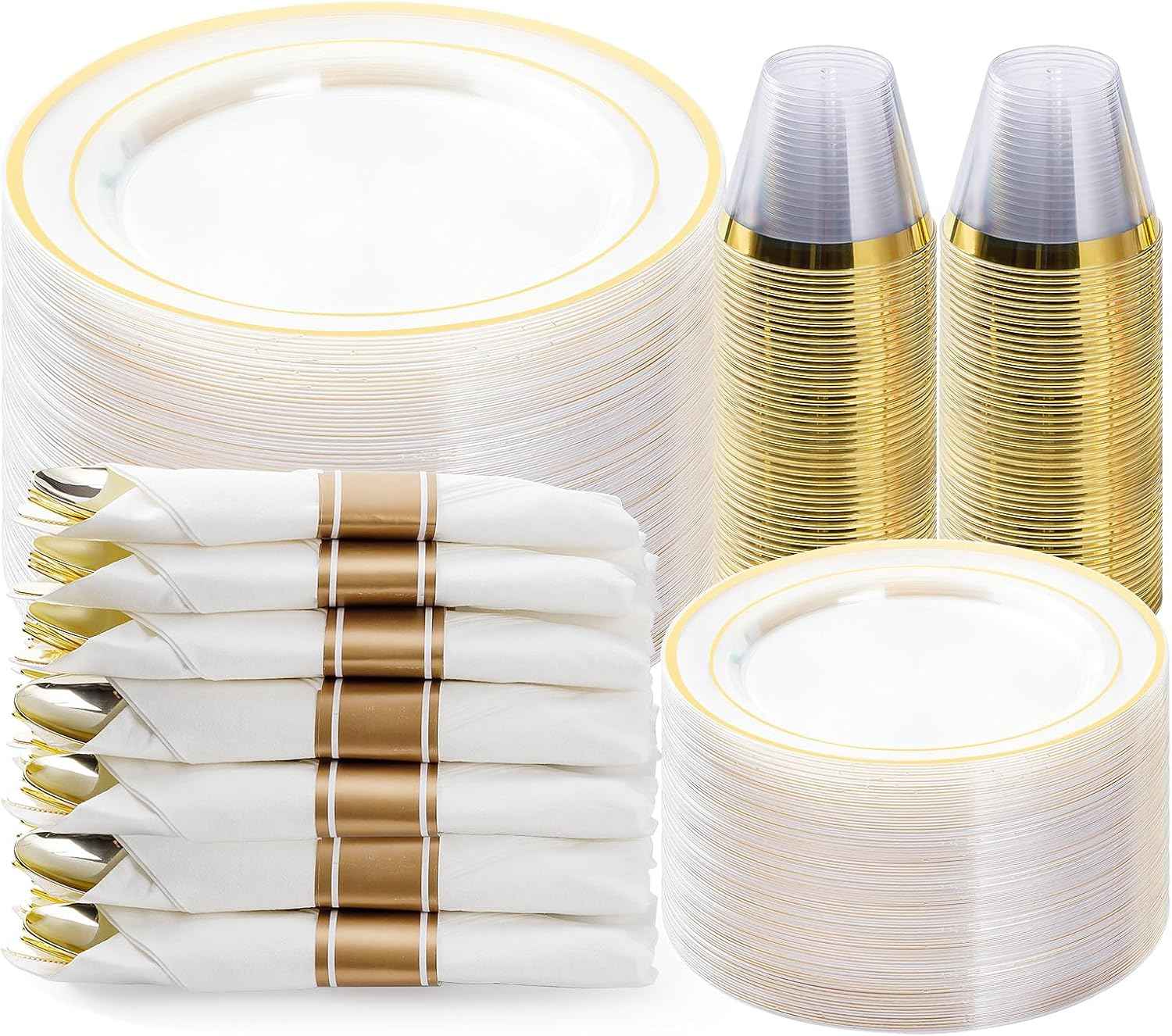 BESTVIP 700PCS Gold Plastic Dinnerware Set for 100 Guests, Disposable Plates for Party, Include: 200 Plastic Plates, 100 Pre Rolled Napkins with Gold Silverware, 100 Cups for Christmas, Halloween