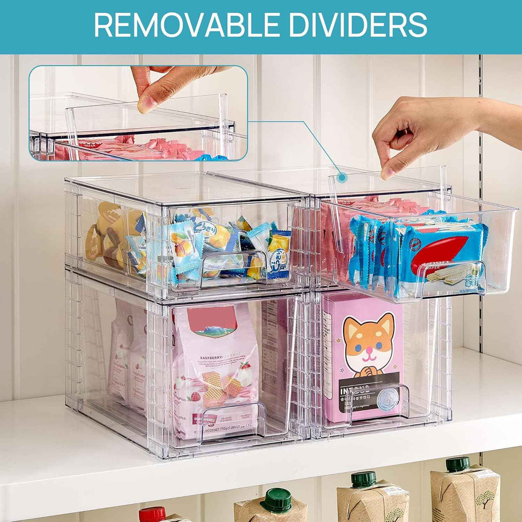 Vtopmart 4 Pack Clear Stackable Storage Drawers,Under Sink and Kitchen Organizers Storage,Easy to Assemble Plastic Drawers for Baby Bottle,Medicine, Bathroom,Cabinet and Pantry Organization