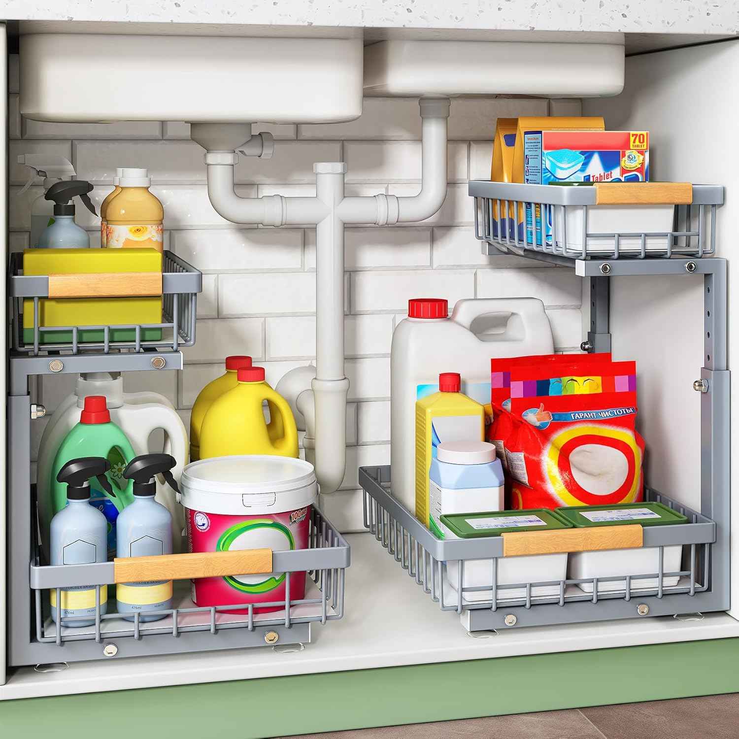 Under Sink Organizer, 2 Packs 2 Tier Under Sink Organizers and Storage, Slide out Pull out Cabinet Organizer Shelf, Metal Sliding Drawer for Kitchen Bathroom Pantry Cabinet Closet Organization Rack