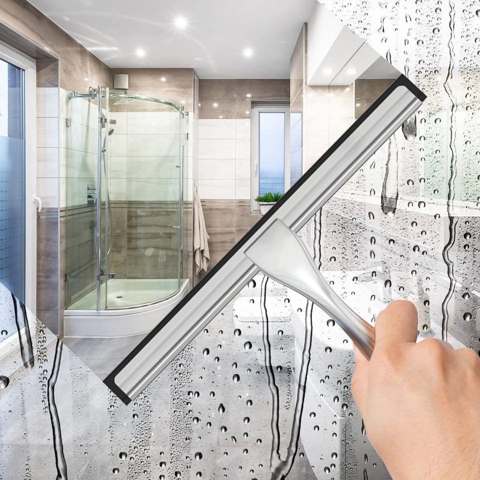 All-PLrpose Stainless Steel Shower Squeegee for Shower Glass Door with 2 Adhesive Hooks, Bathroom Cleaner Tool Household Window Mirror Squeegee , Cleaning Tile Wall, Car, 10 Inch Silver
