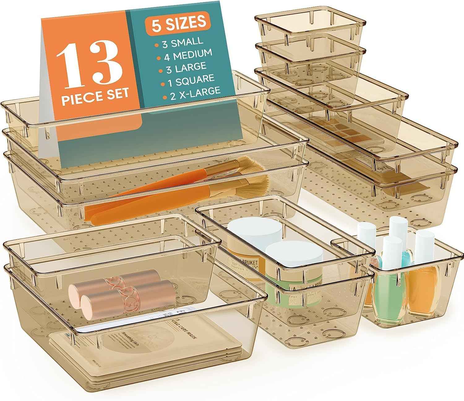 16 PCS Drawer Organizer Set, 5 Varied Size Bathroom and kitchen Drawer cabinet organizer Trays, Clear Storage Bins for Makeup, Jewelry, Utensils and Gadgets