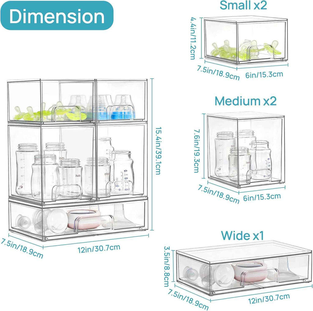 Vtopmart Stackable Storage Drawers Set of 5 - Clear Plastic Organizer Bins for Baby Bottle, Beauty Supplies, Kitchen, Bathroom, Cabinet, Pantry