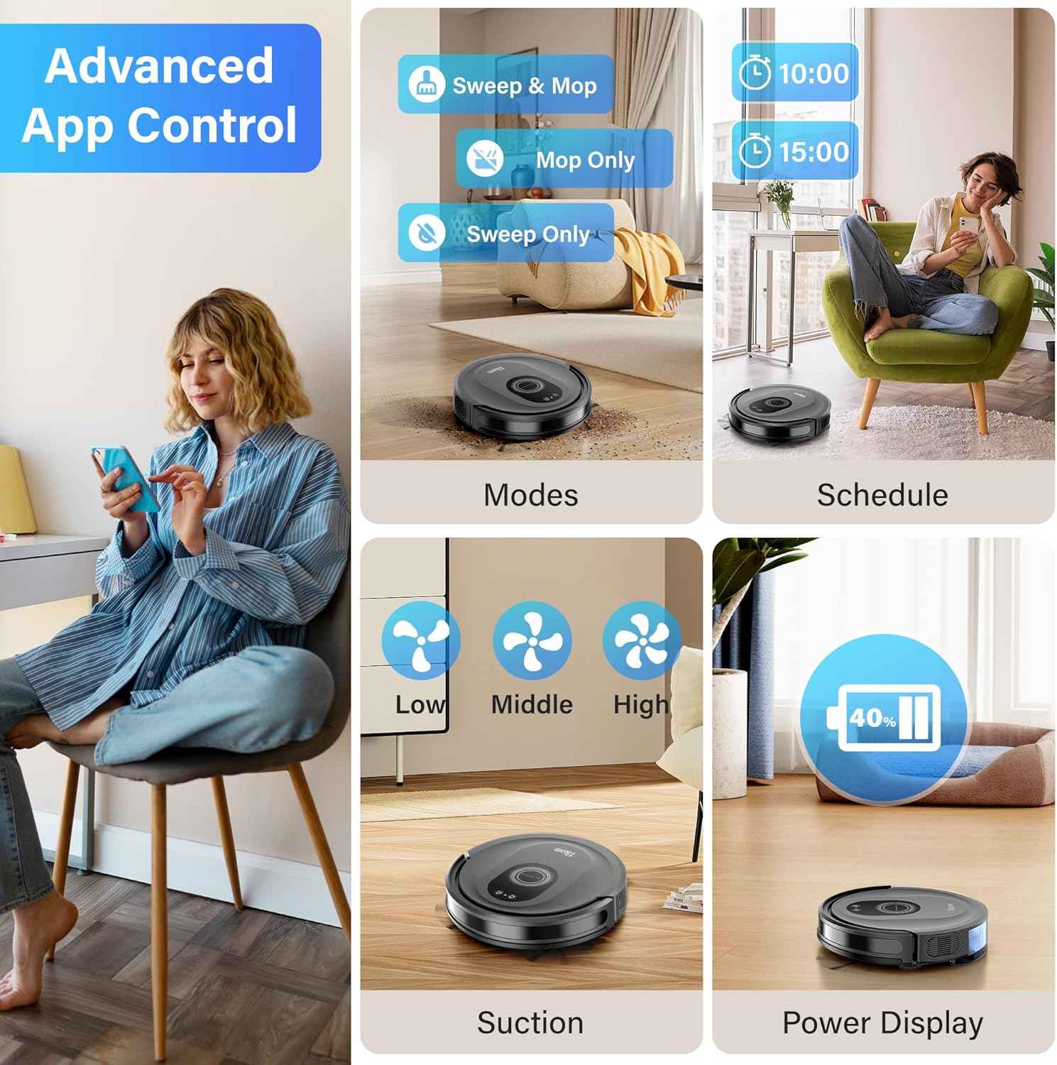 tikom robot vacuum and mop combo, 5000pa robotic vacuum cleaner, 150 min max, app & remote control, ideal for hard floor, carpet, pet hair, self-charge