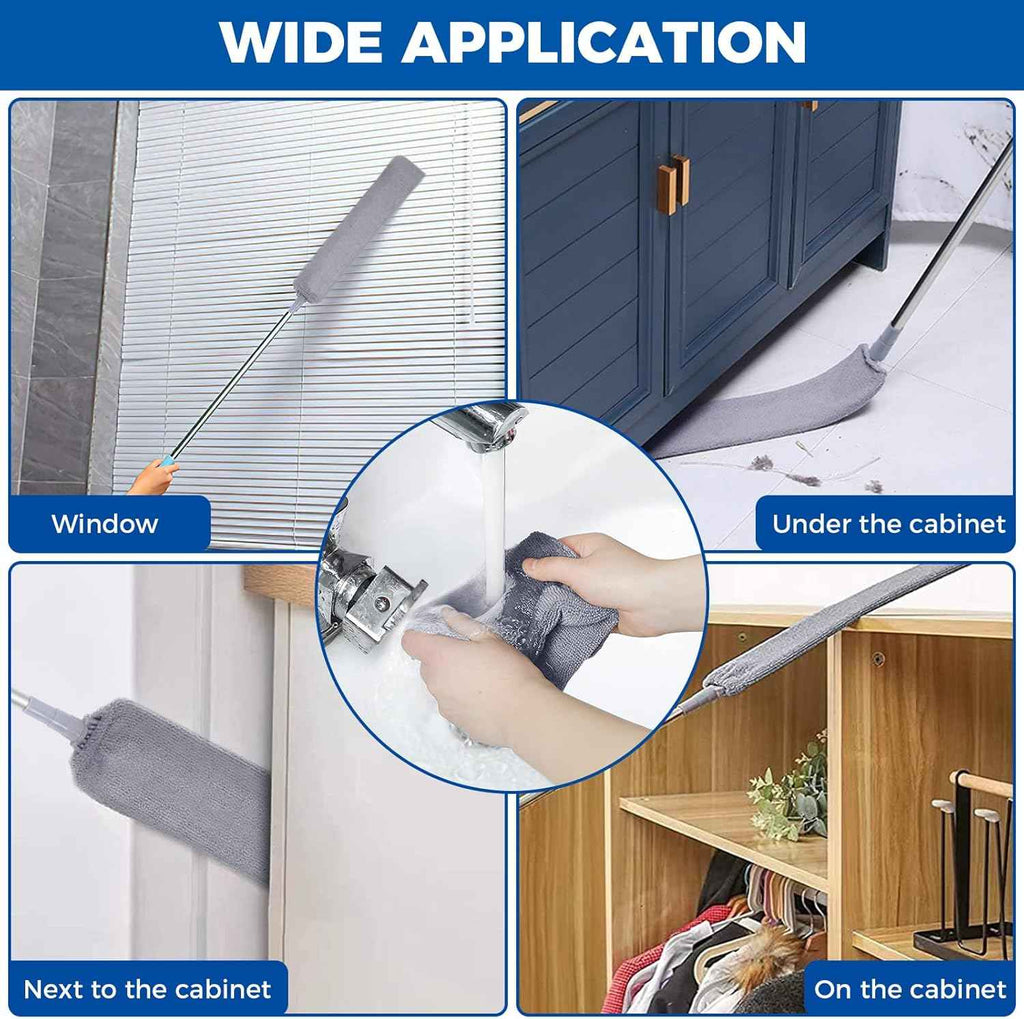 Retractable microfiber dusting cloths with long 60-inch handle for dusting under appliances furniture couch fridge