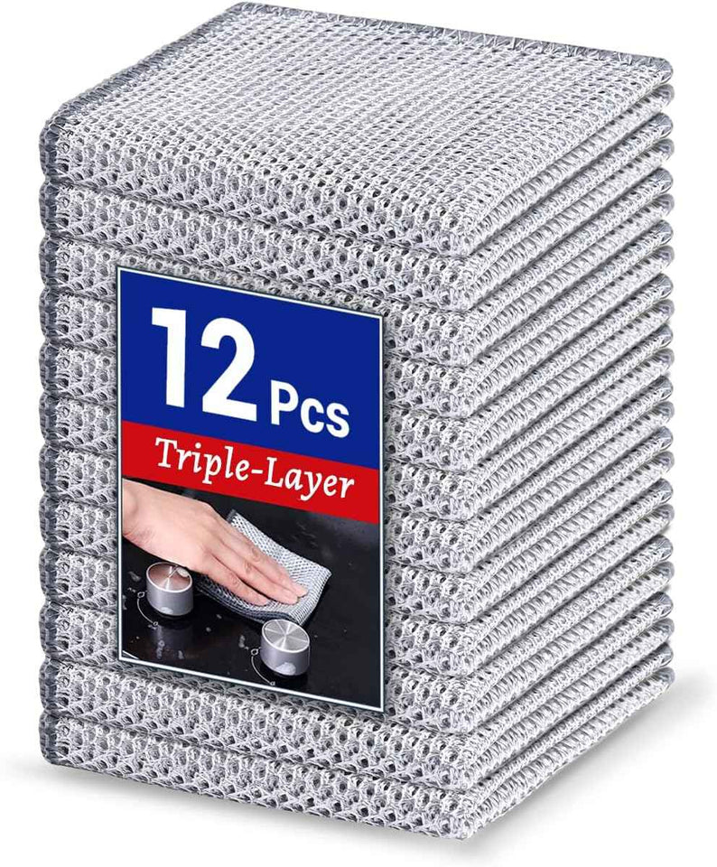 12 PCS 3-Layer Non-Scratch Multipurpose Steel Wire Dishcloths - Reusable Quick-Dry Odor-Free Scrub Cloths for Dishes, Kitchen Cleaning Cloths for Cookware, Sinks, Stove Tops(7.87X7.87)