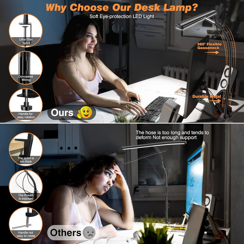 Airlonv LED Desk Lamp for Office Home, Eye-Caring Desk Light with Stepless Dimming Adjustable Flexible Gooseneck, 10W USB Adapter Desk Lamp with Clamp for Reading, Study, Workbench (Black)