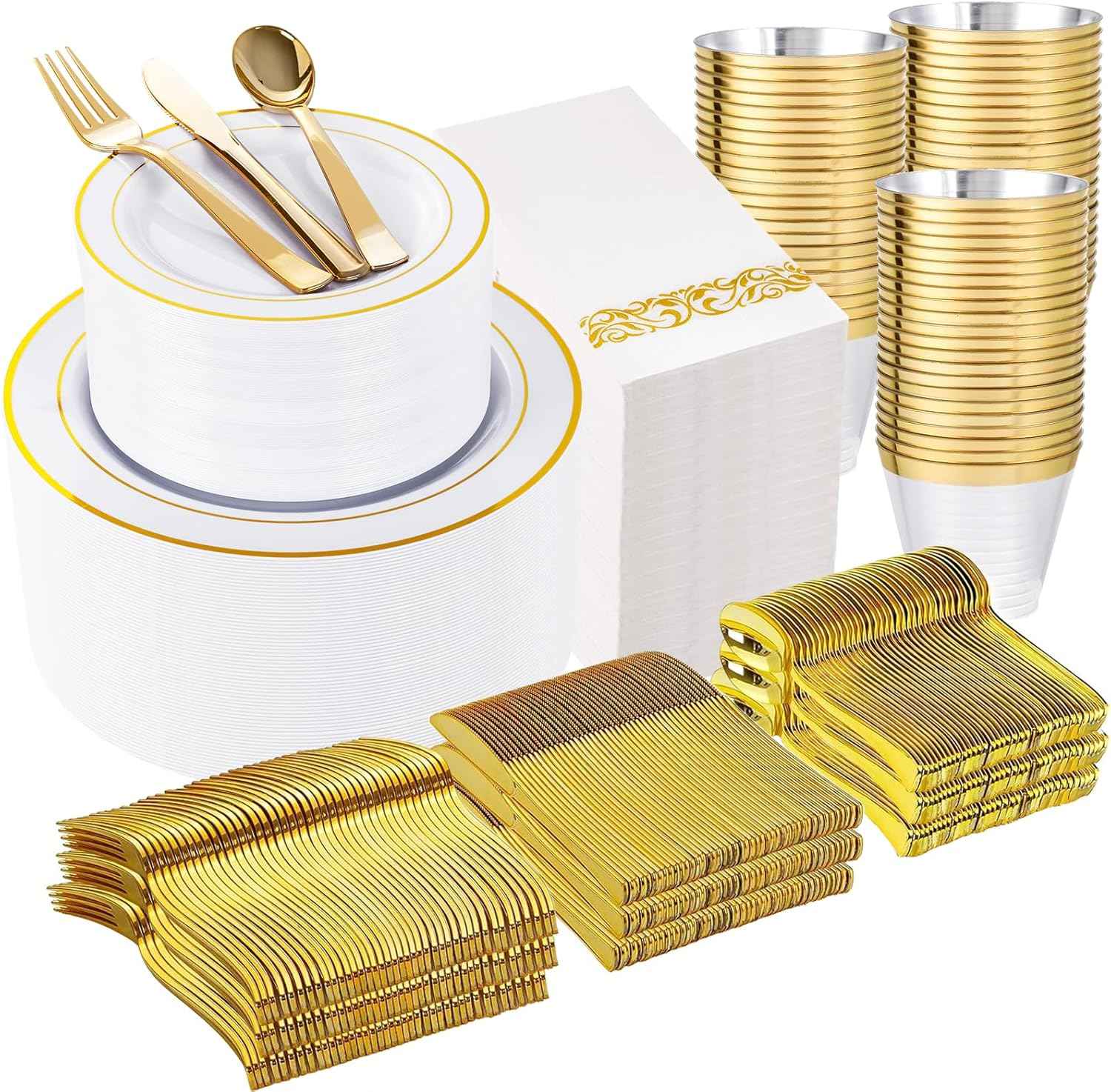 WELLIFE 700 Pieces Silver Plastic Dinnerware Set for 100 Guests - Includes Plates, Cups, Napkins, and Disposable Cutlery - Elegant White & Silver Design, Perfect for Parties and Events