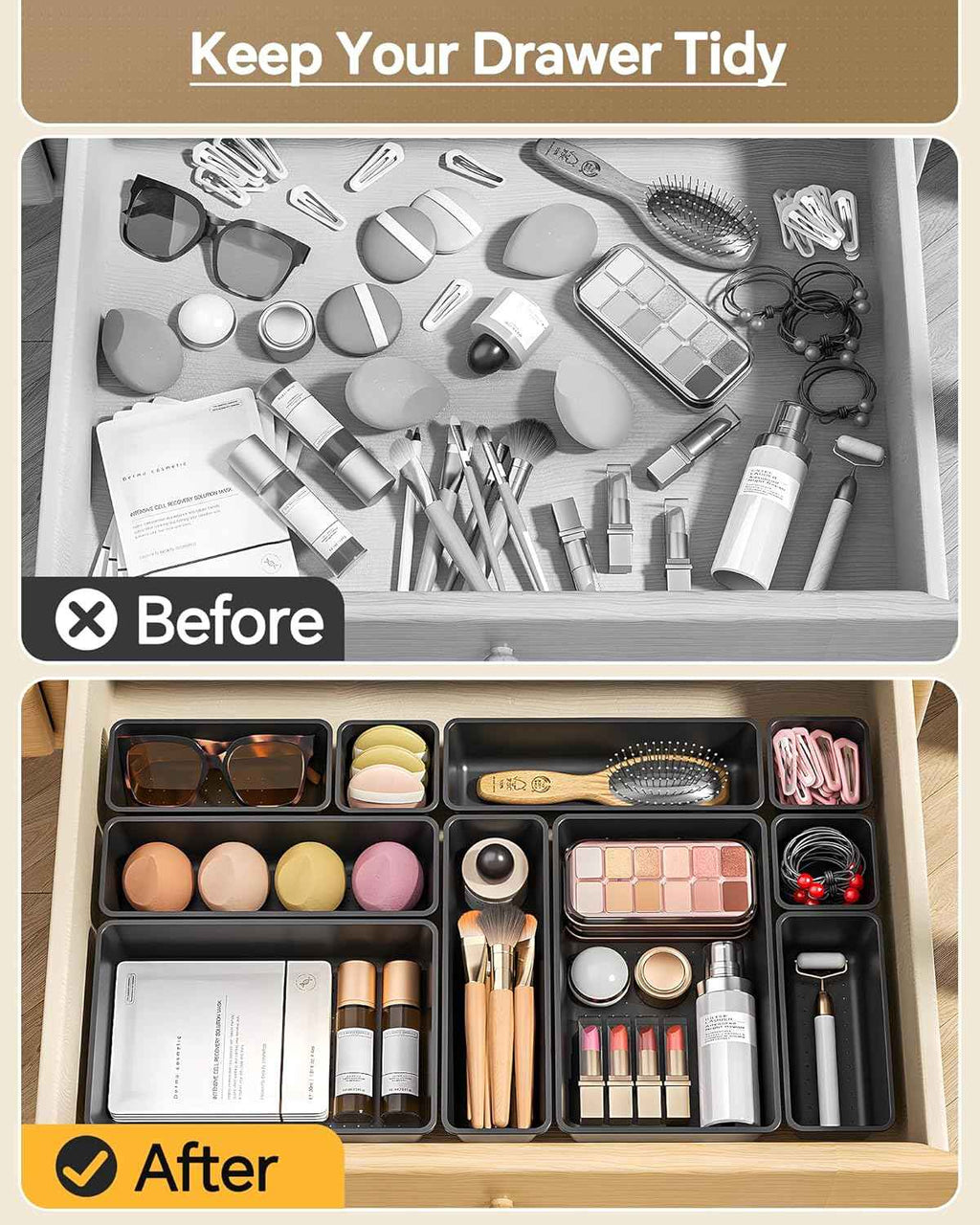 25-piece plastic drawer organizer set for makeup and desk storage, 4 sizes, black, stackable, easy to assemble