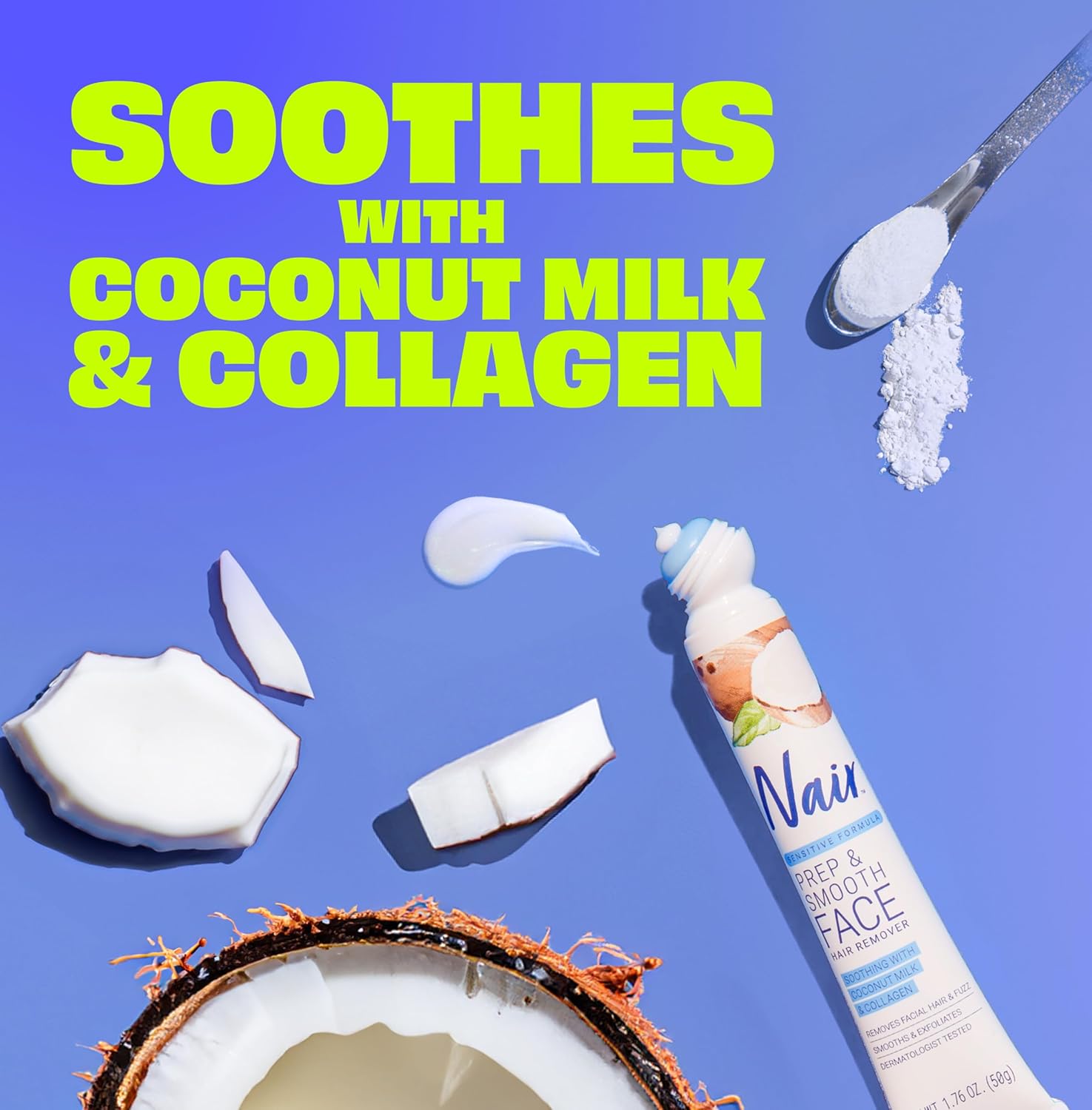 Sensitive skincare solution with collagen, coconut milk, and gentle face hair removal cream for smooth skin prep