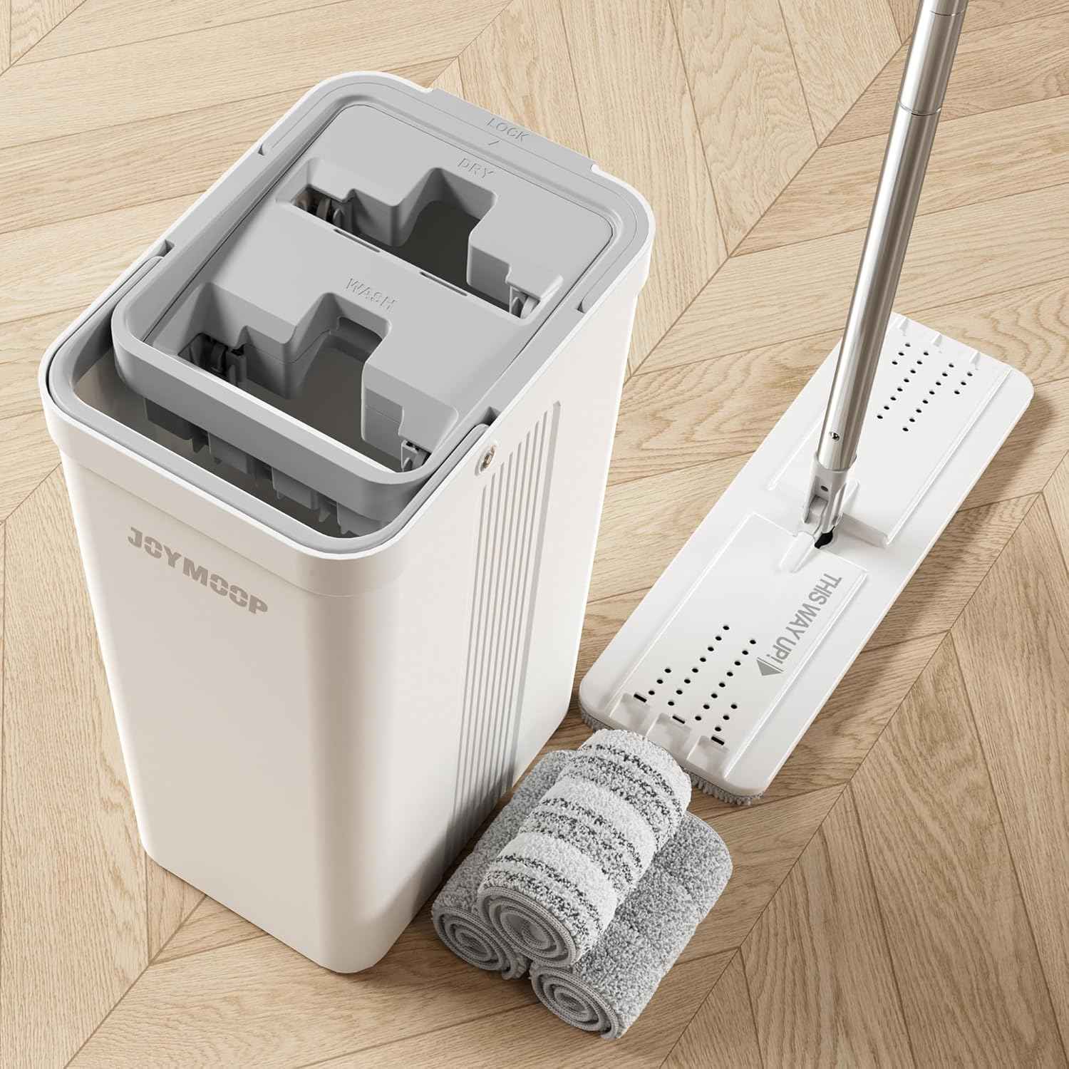 JOYMOOP Mop and Bucket Set with Wringer, Flat Mops for Floor Cleaning, Wall Mop Cleaner with Long Handle, Hardwood Floor Mop with 4 Microfiber Pads