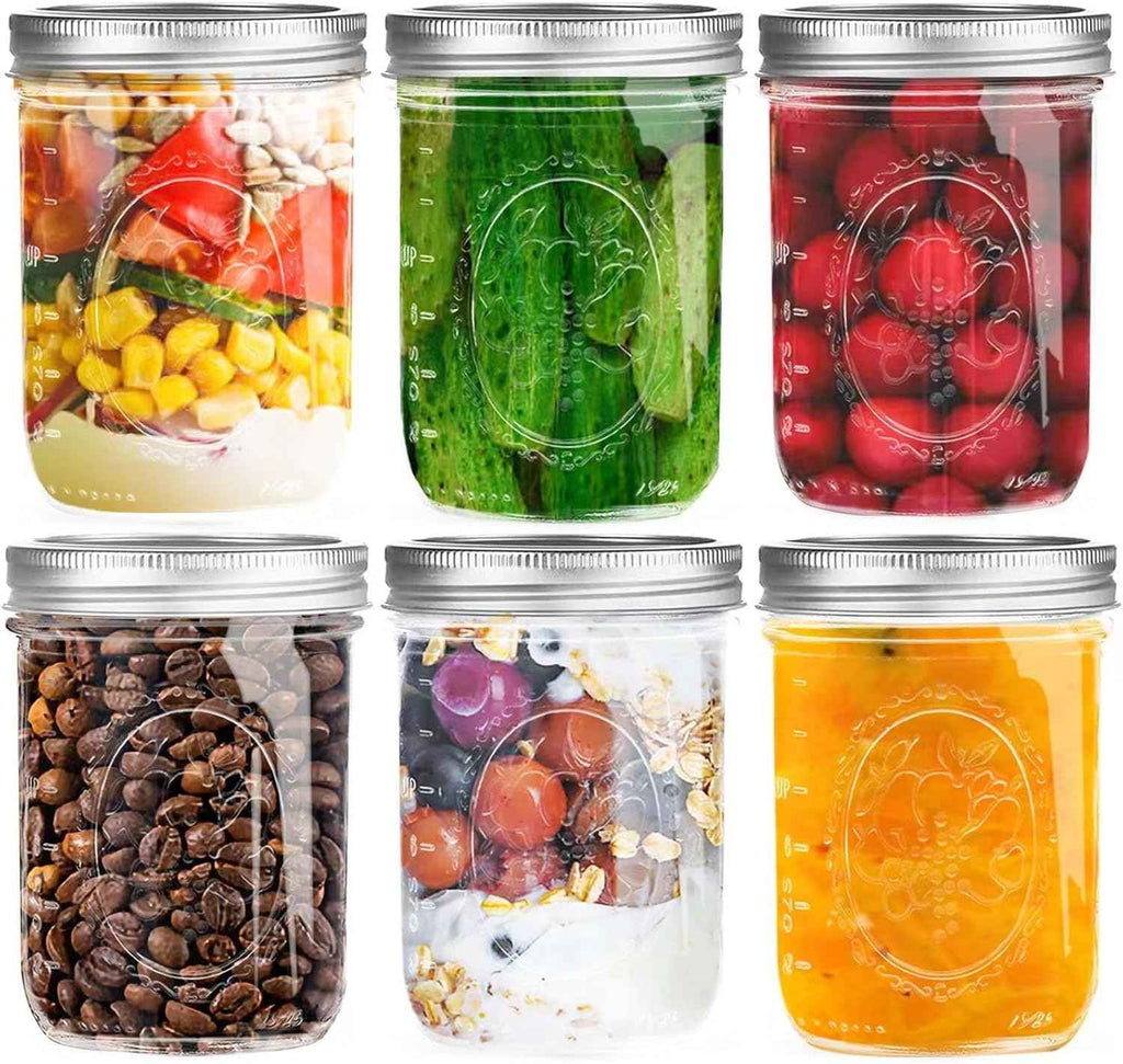 6 Pack 16 oz Wide Mouth Mason Jars with Airtight Lids and Bands for Fermenting, Pickling, Freezing, and Preserving